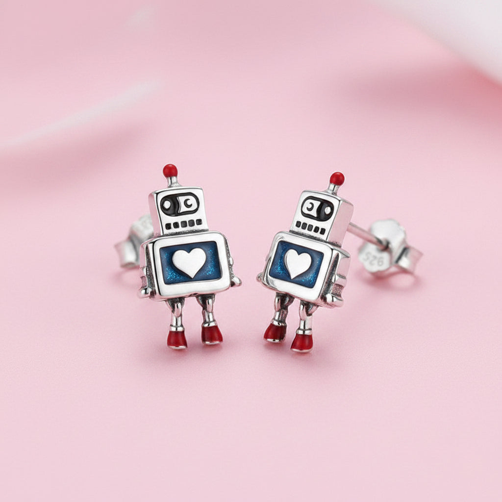 Sterling Silver Robot Earrings