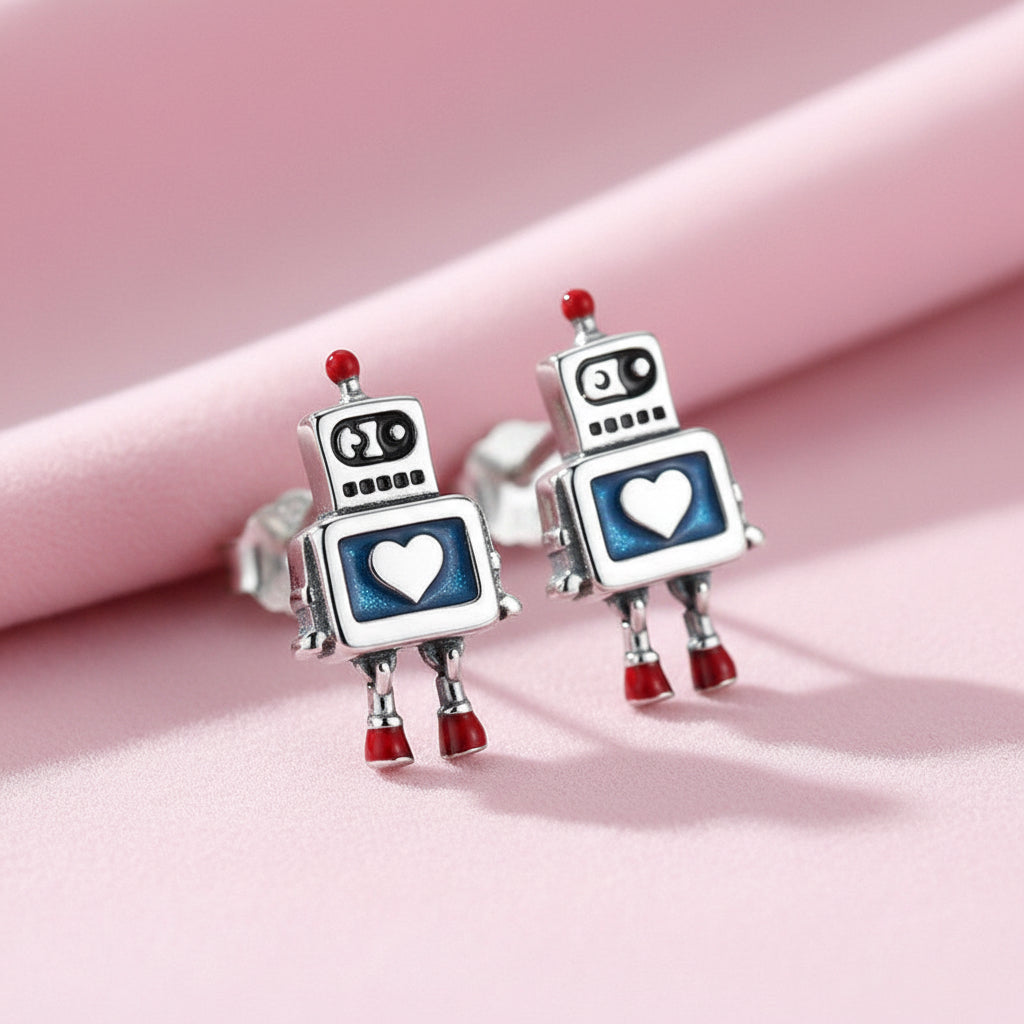 Sterling Silver Robot Earrings
