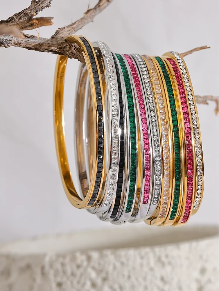 Rounded Square Colorful Zirconia Stainless Steel Bangle Bracelet