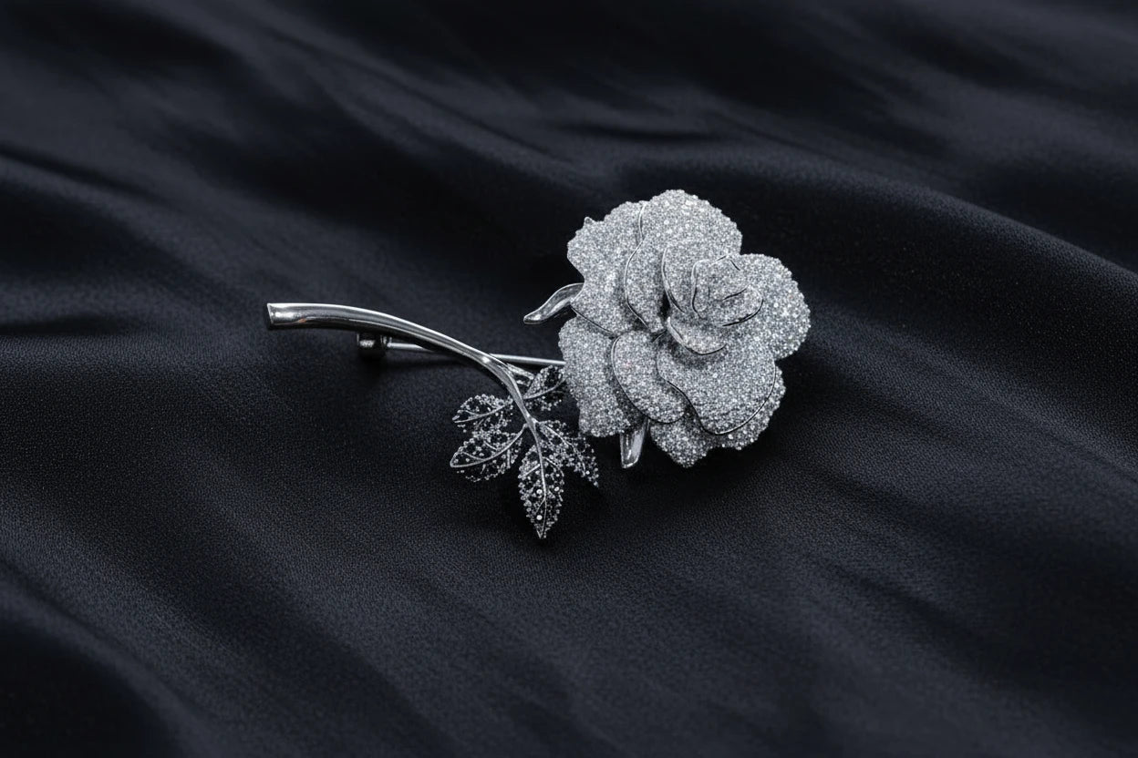 Rhinestone Rose Flower Brooch