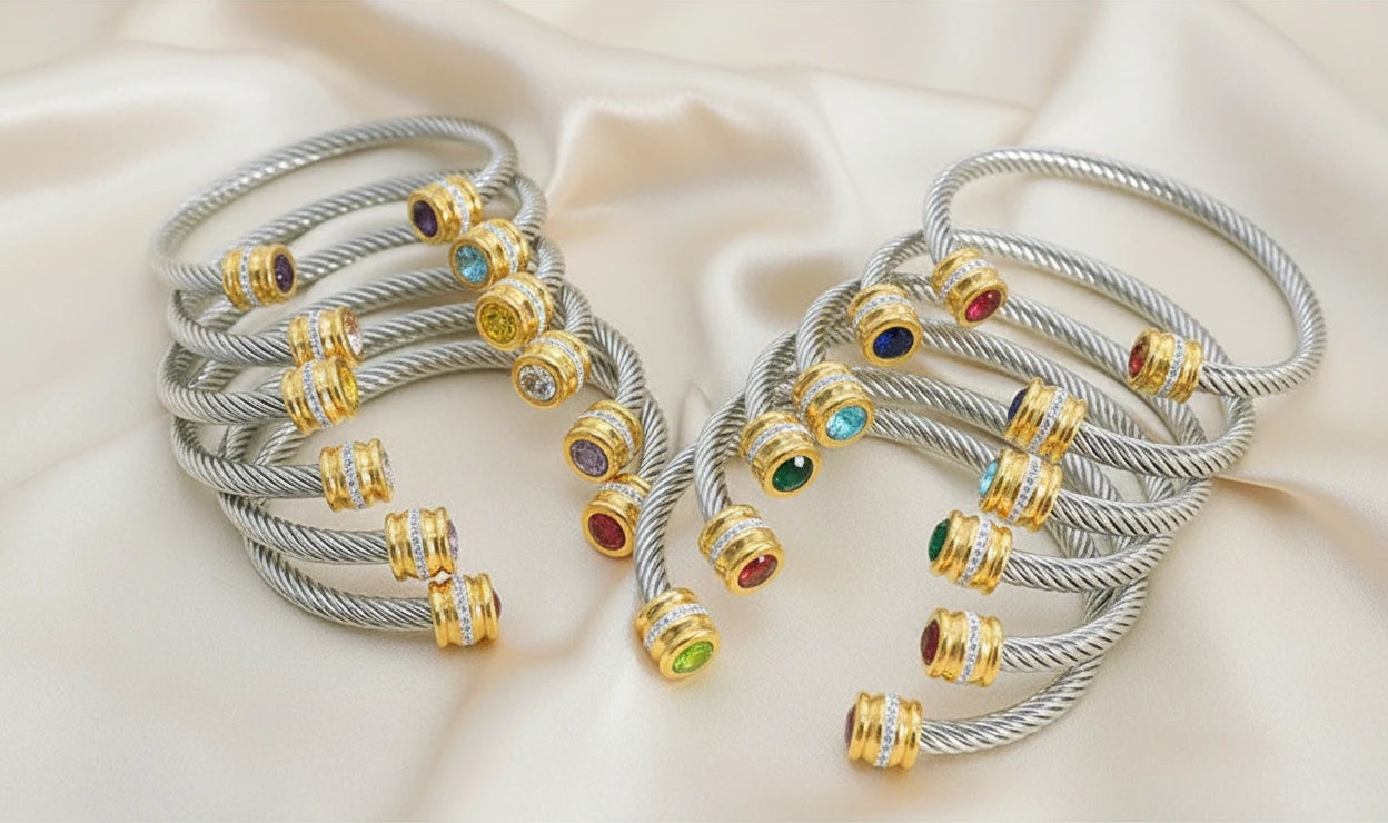 Stainless Steel Wire Bracelet w/Colorful Zirconia