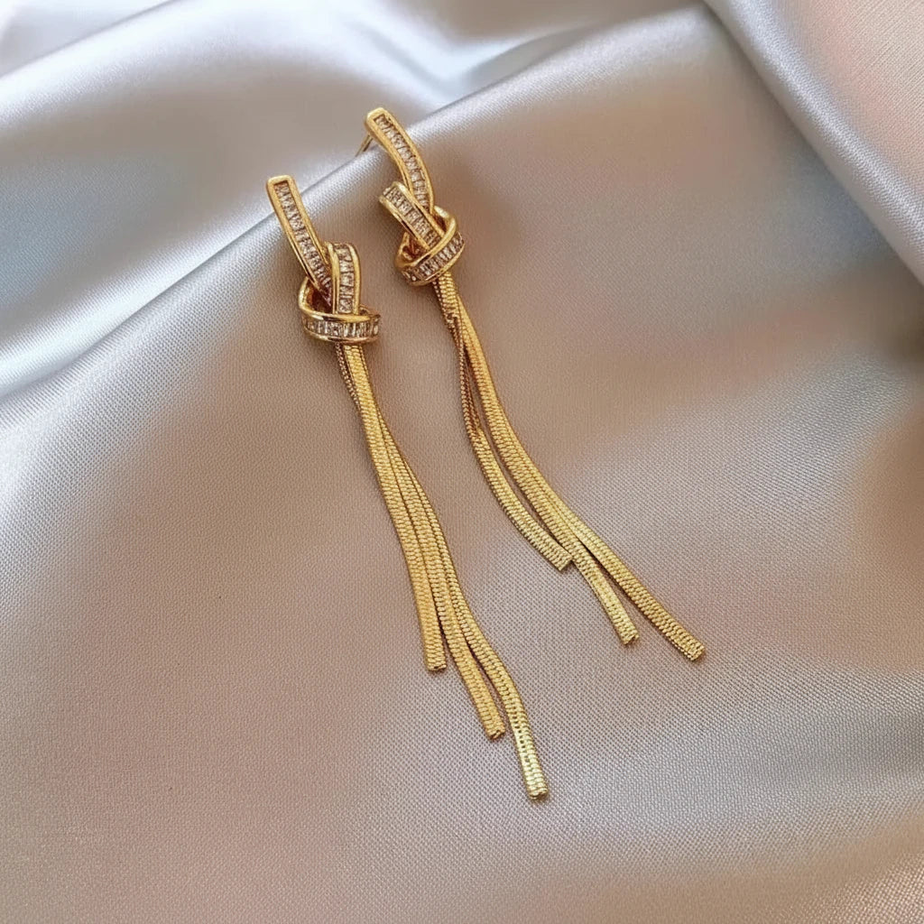Zirconia Twisted Knot Tassel Stud Earrings