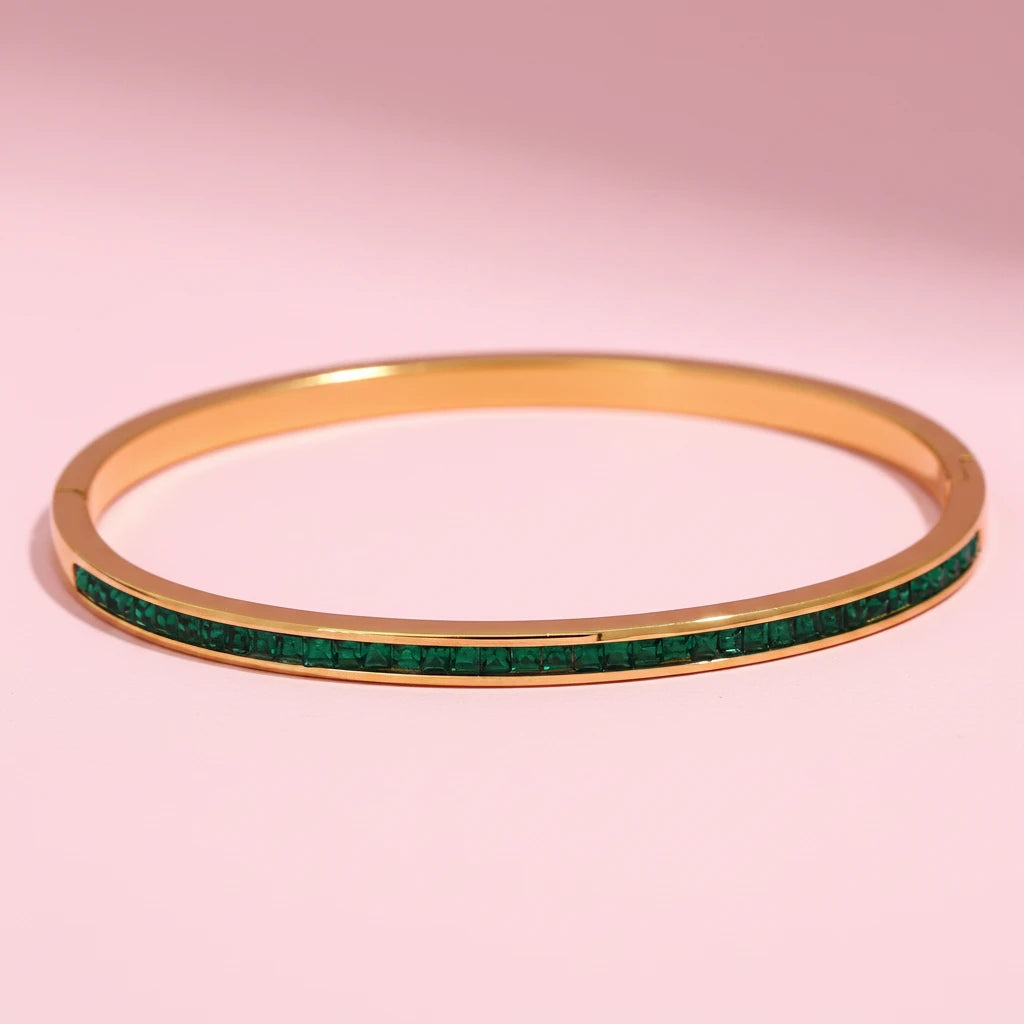 Rounded Square Colorful Zirconia Stainless Steel Bangle Bracelet