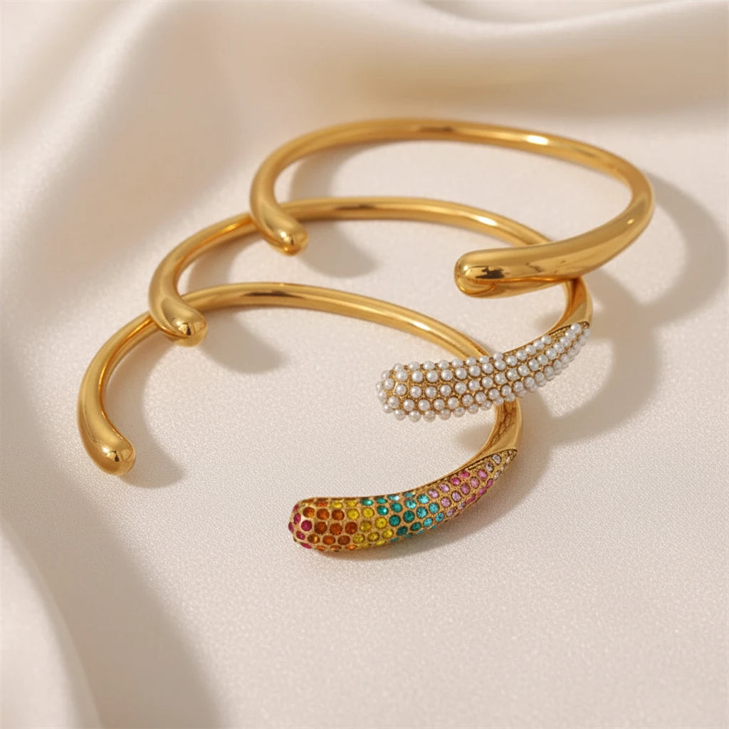 Inlaid Water Droplets Stainless Steel Open Bracelet