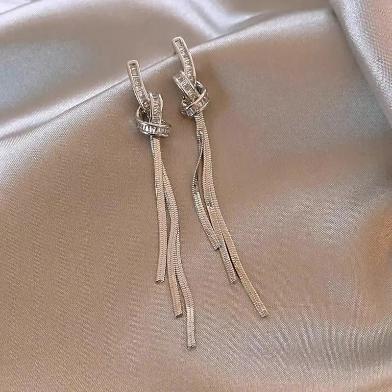 Zirconia Twisted Knot Tassel Stud Earrings