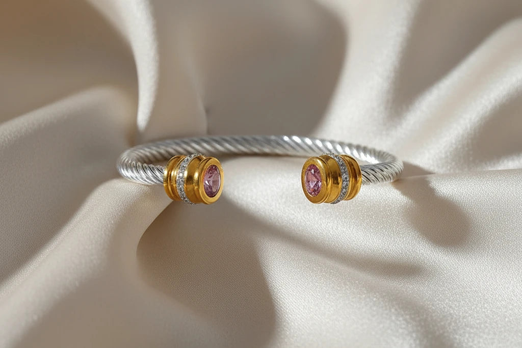 Stainless Steel Wire Bracelet w/Colorful Zirconia