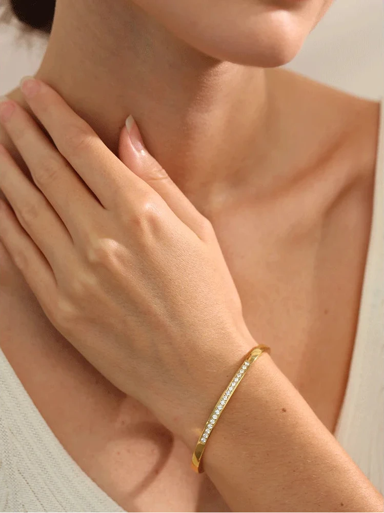Rounded Square Colorful Zirconia Stainless Steel Bangle Bracelet