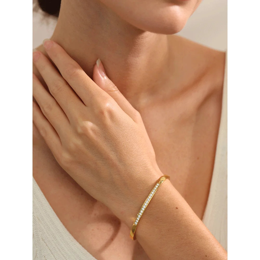 Square Colorful Cubic Zirconia Stainless Steel Bangle Bracelet