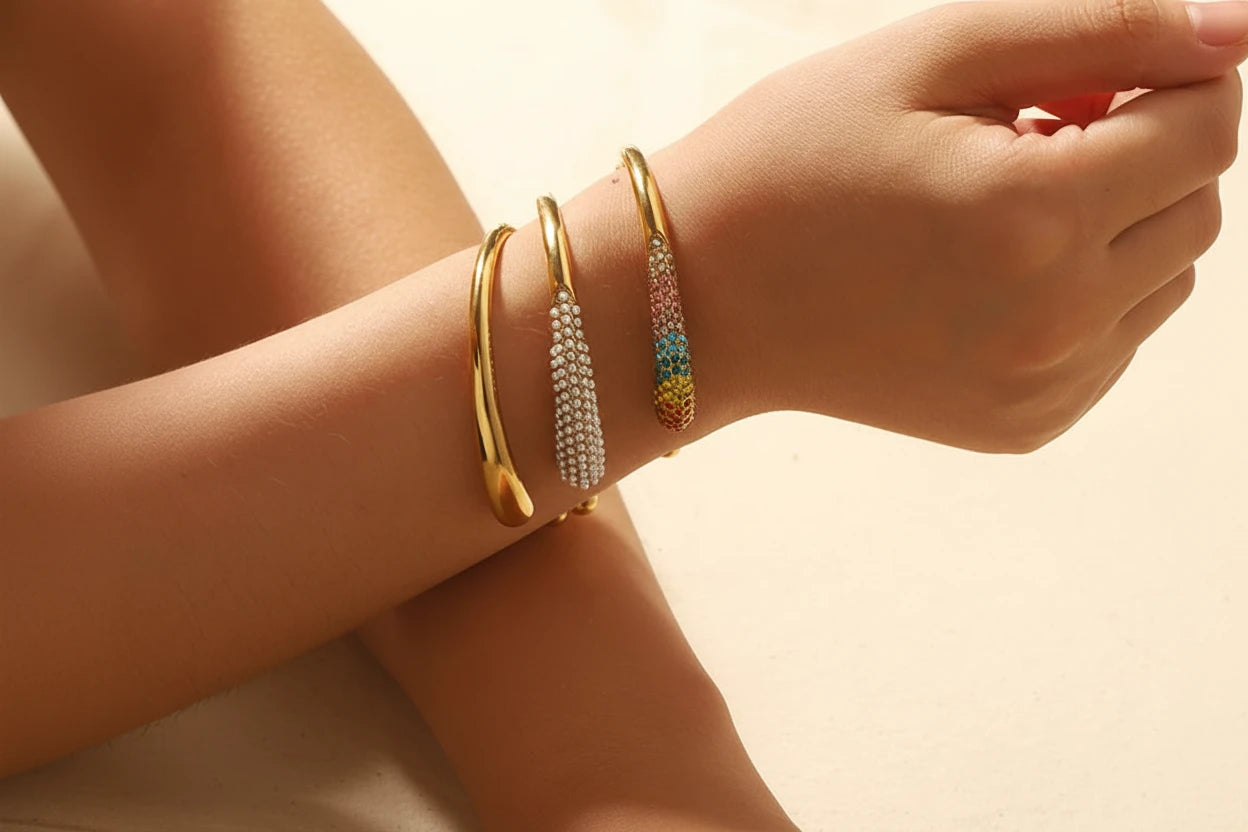 Inlaid Water Droplets Stainless Steel Open Bracelet