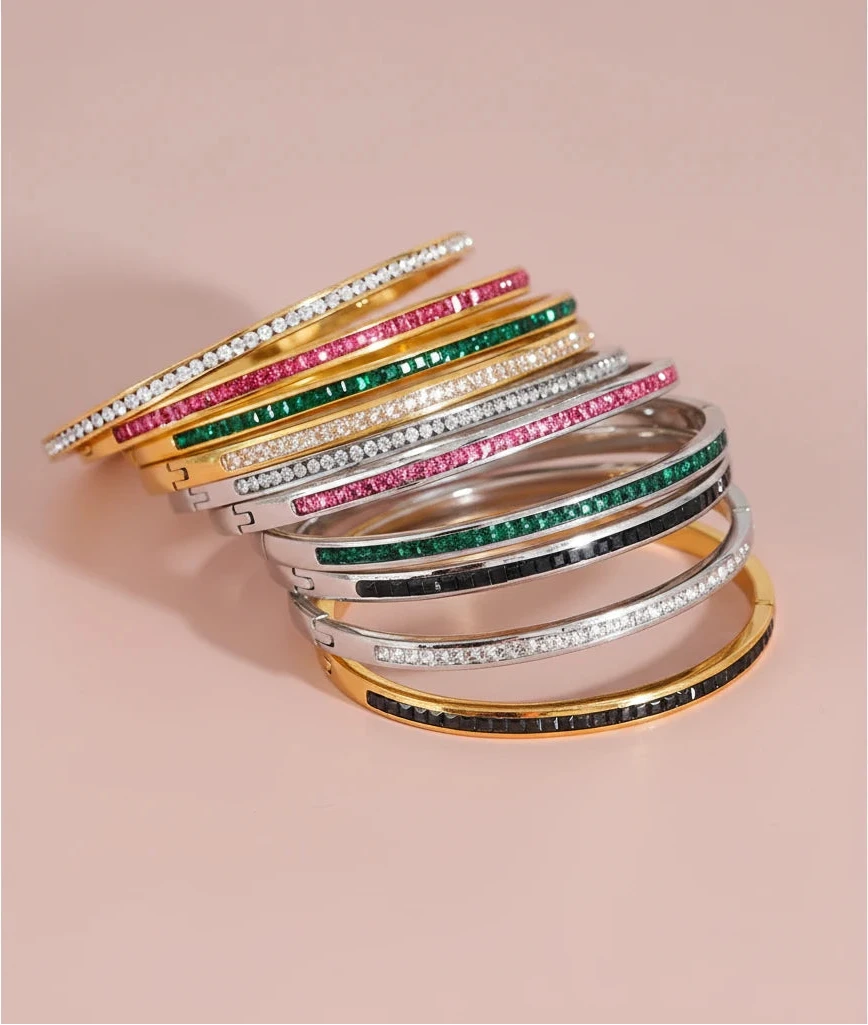 Rounded Square Colorful Zirconia Stainless Steel Bangle Bracelet