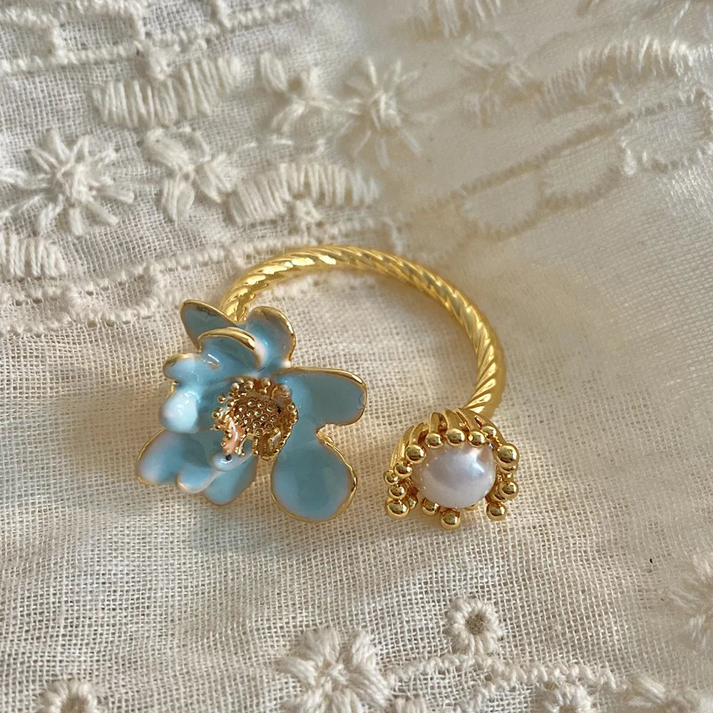 Baroque Pearl Enamel Flower Ring