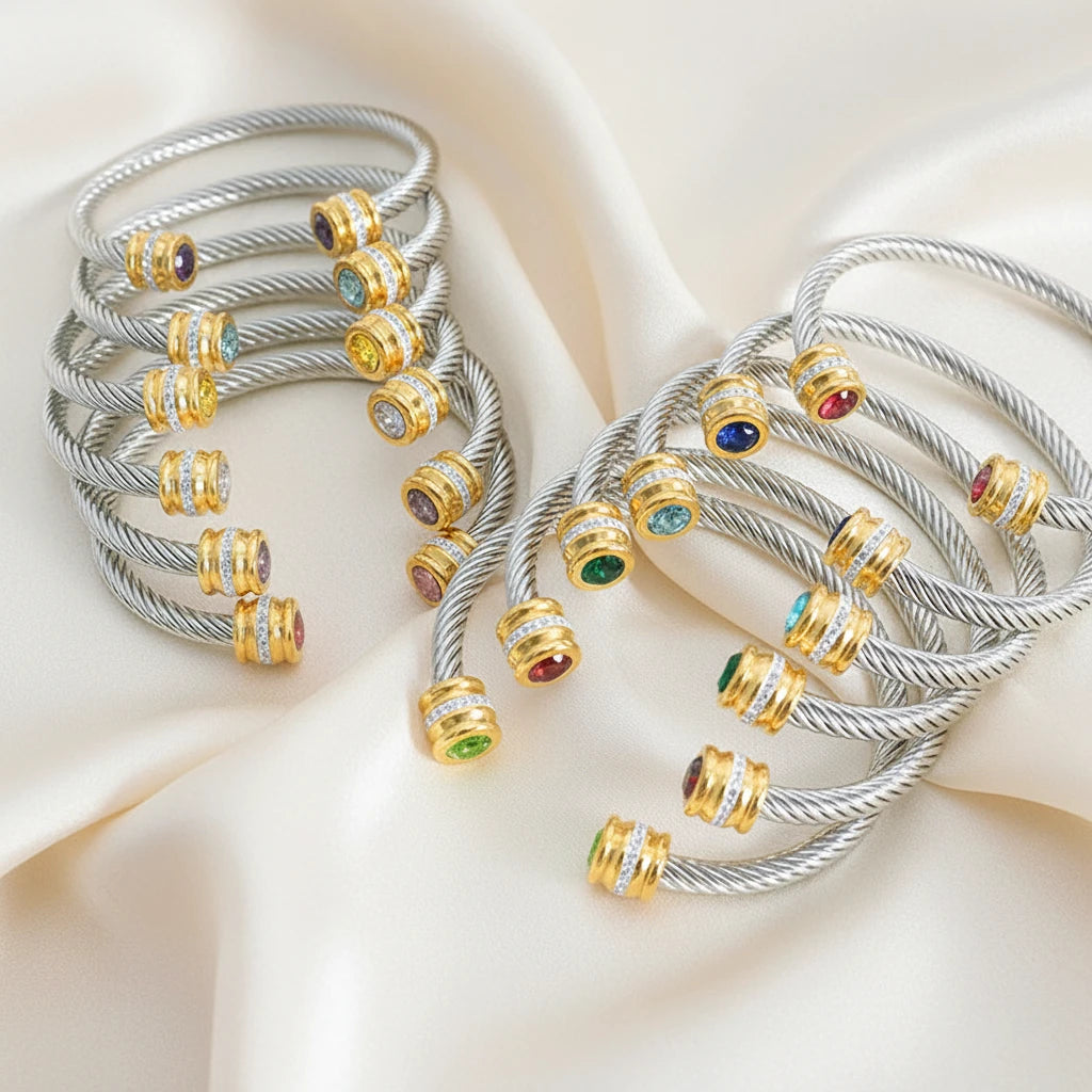 Stainless Steel Wire Bracelet w/Colorful Zirconia