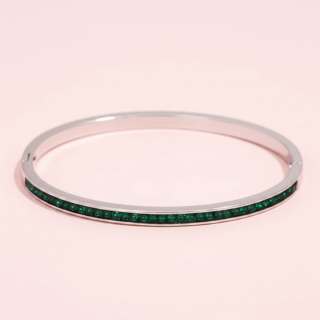 Rounded Square Colorful Zirconia Stainless Steel Bangle Bracelet