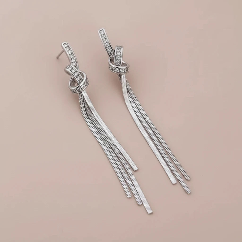 Zirconia Twisted Knot Tassel Stud Earrings