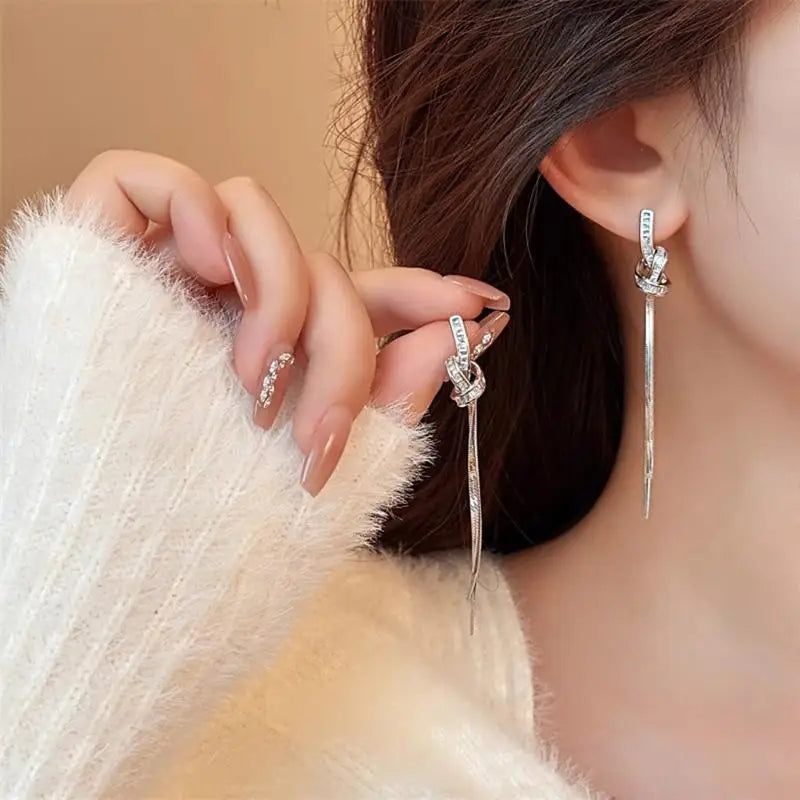 Zirconia Twisted Knot Tassel Stud Earrings