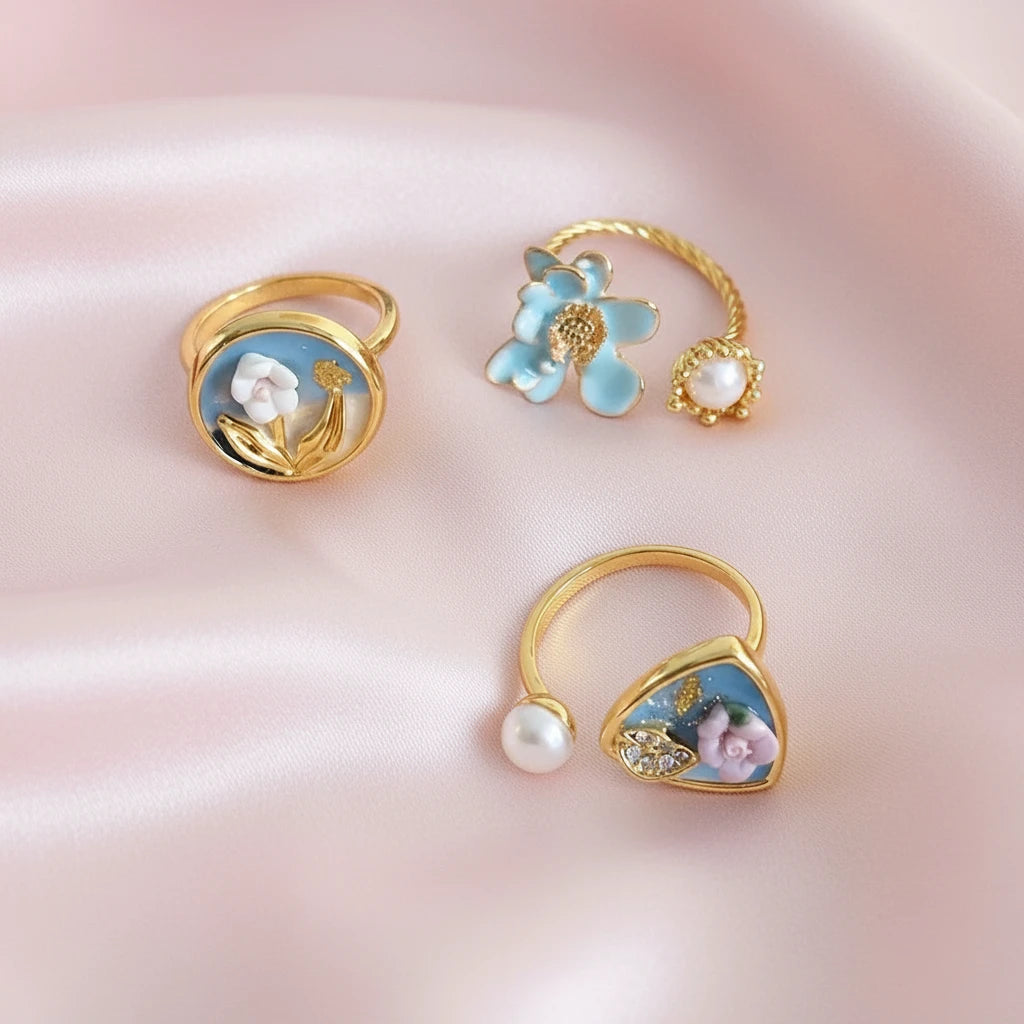French Romance Oil Painting Pearl Enamel Ring