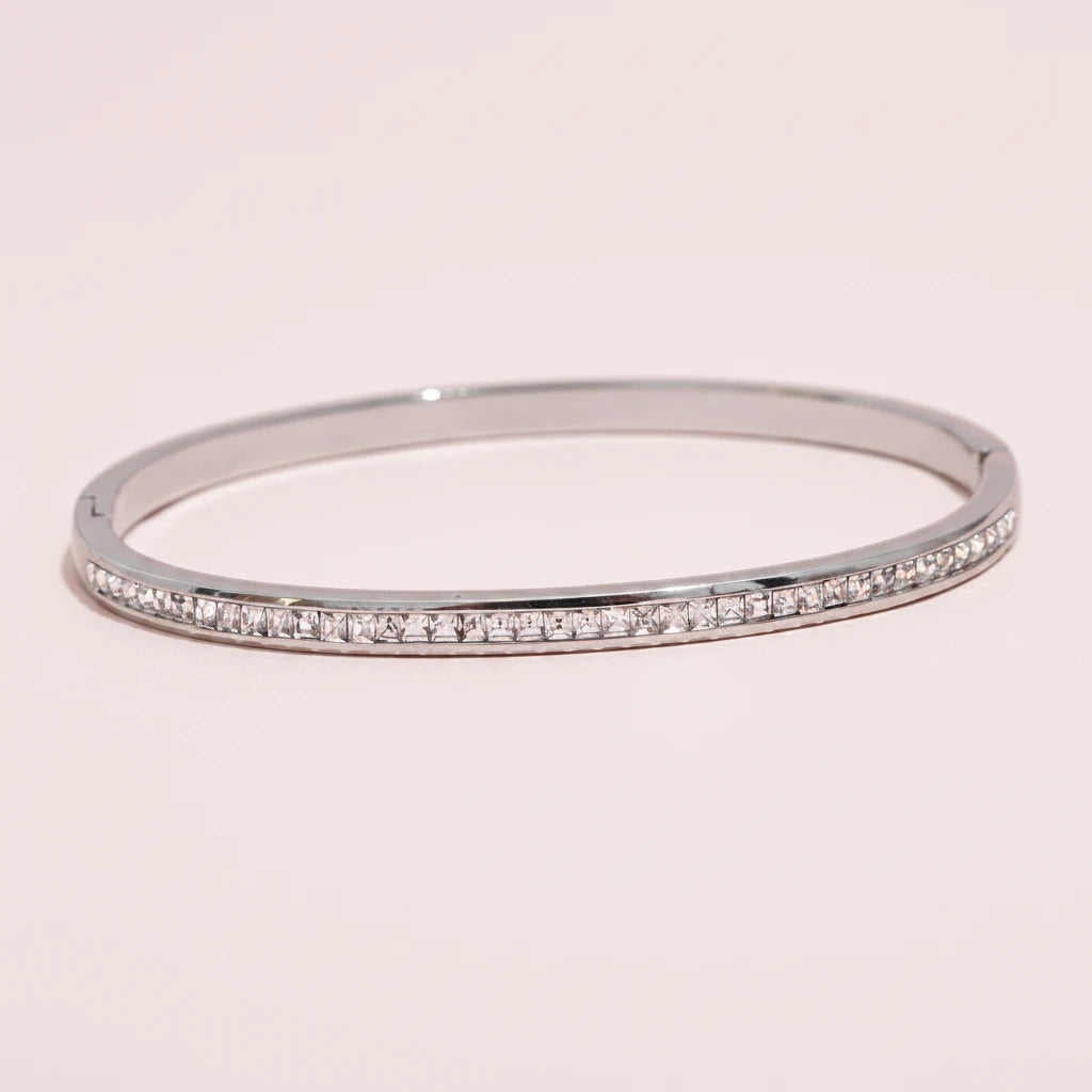 Rounded Square Colorful Zirconia Stainless Steel Bangle Bracelet