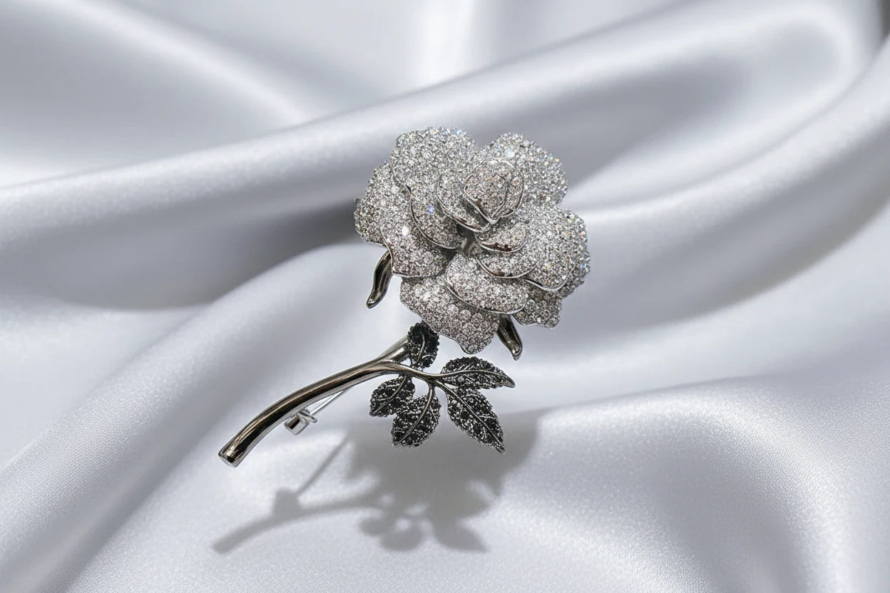 Rhinestone Rose Flower Brooch