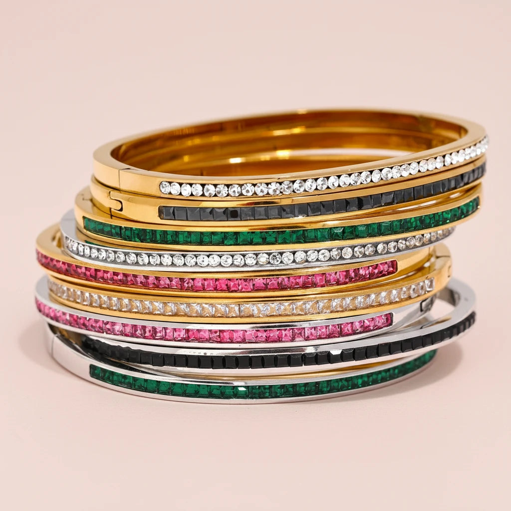 Rounded Square Colorful Zirconia Stainless Steel Bangle Bracelet