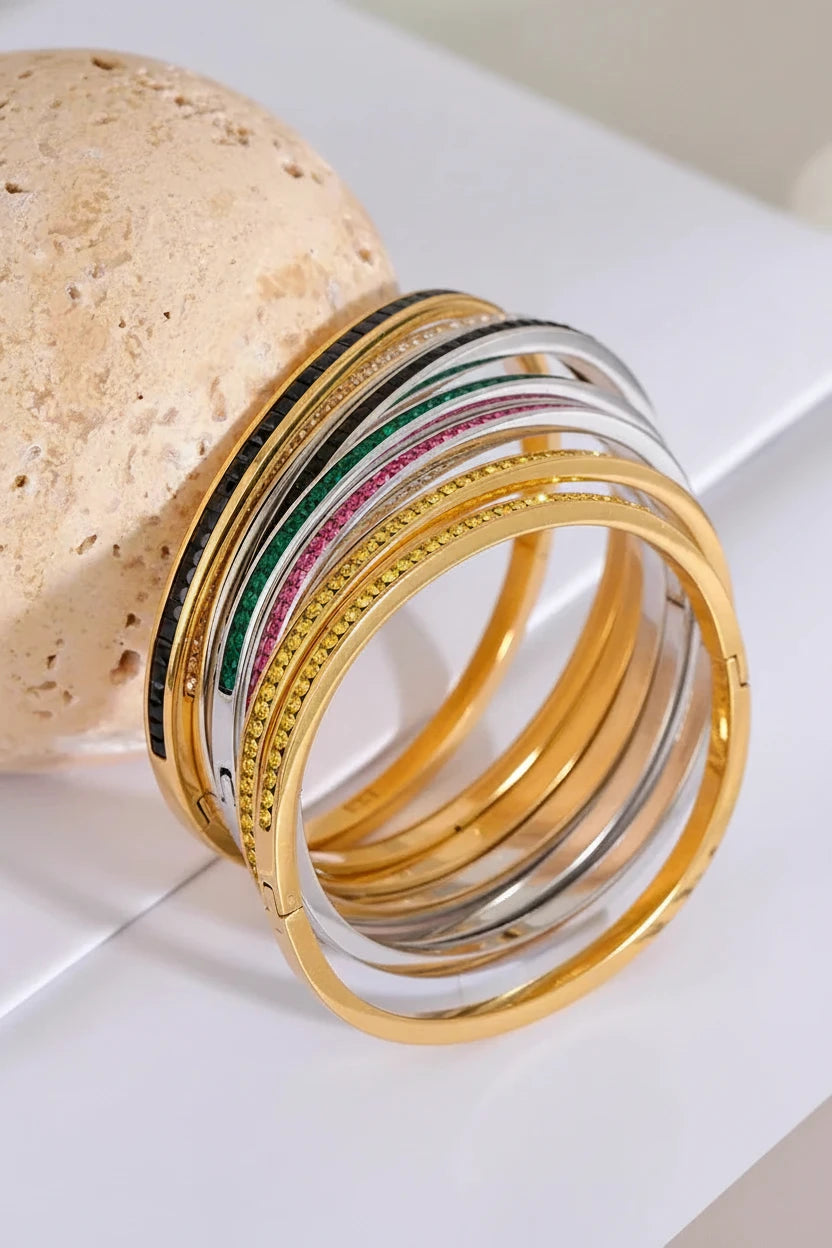 Rounded Square Colorful Zirconia Stainless Steel Bangle Bracelet