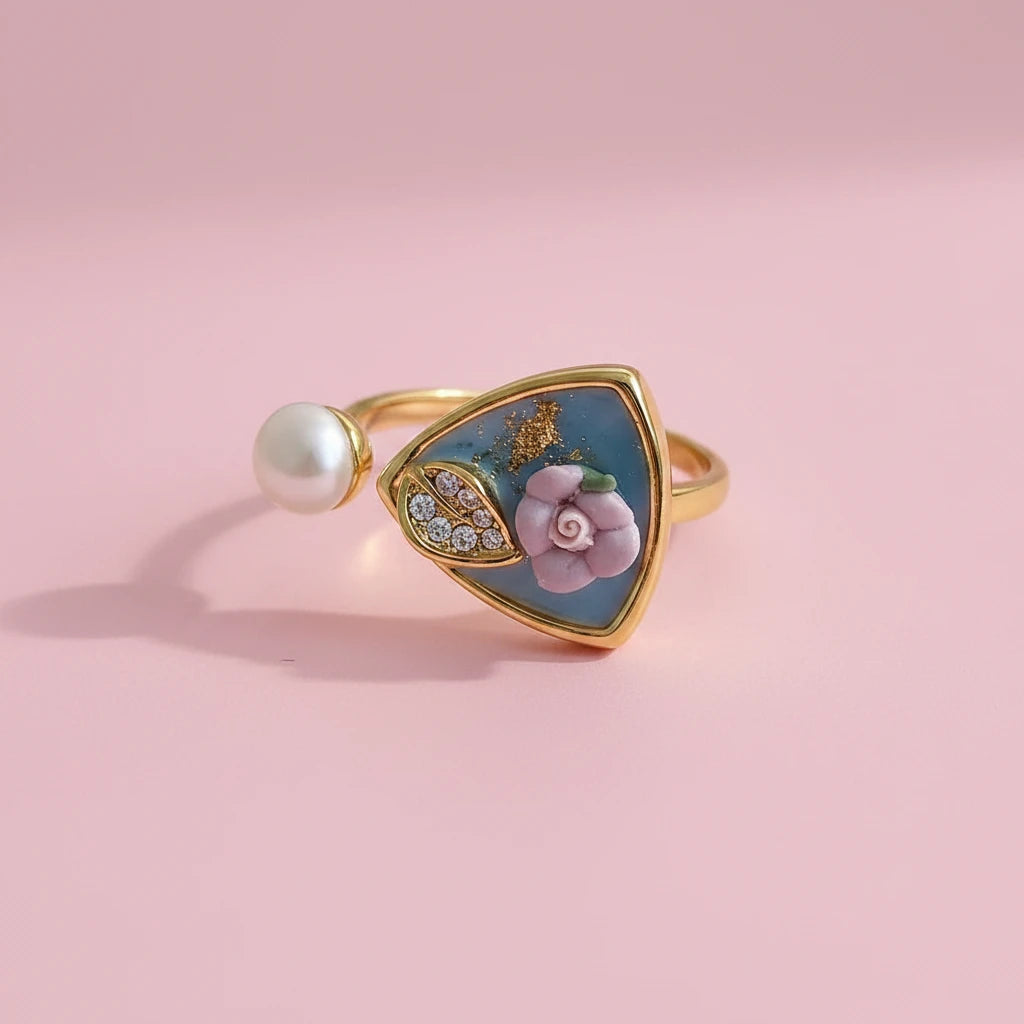 French Romance Oil Painting Pearl Enamel Ring