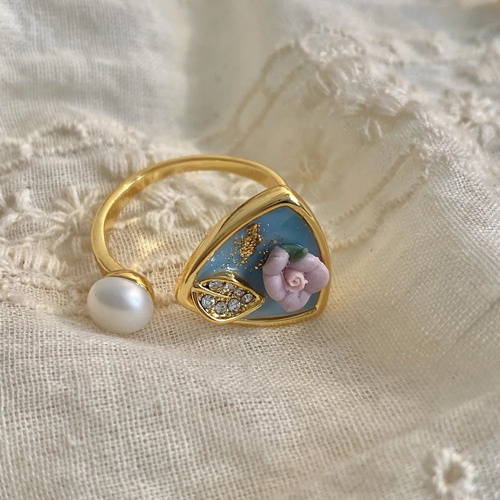 Baroque Pearl Enamel Flower Ring