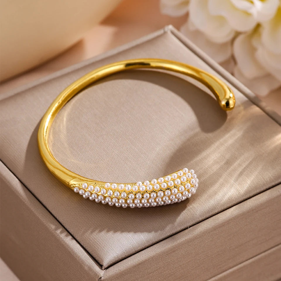 Inlaid Water Droplets Stainless Steel Open Bracelet