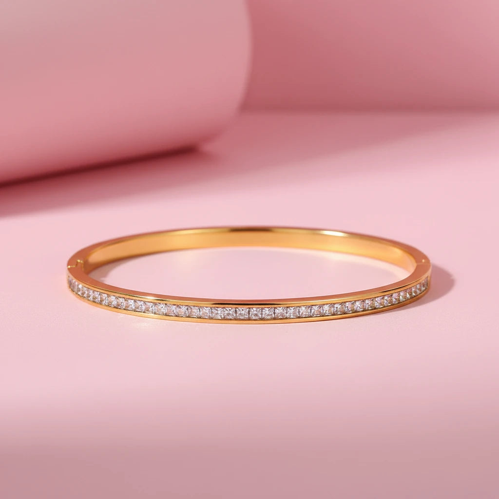 Rounded Square Colorful Zirconia Stainless Steel Bangle Bracelet