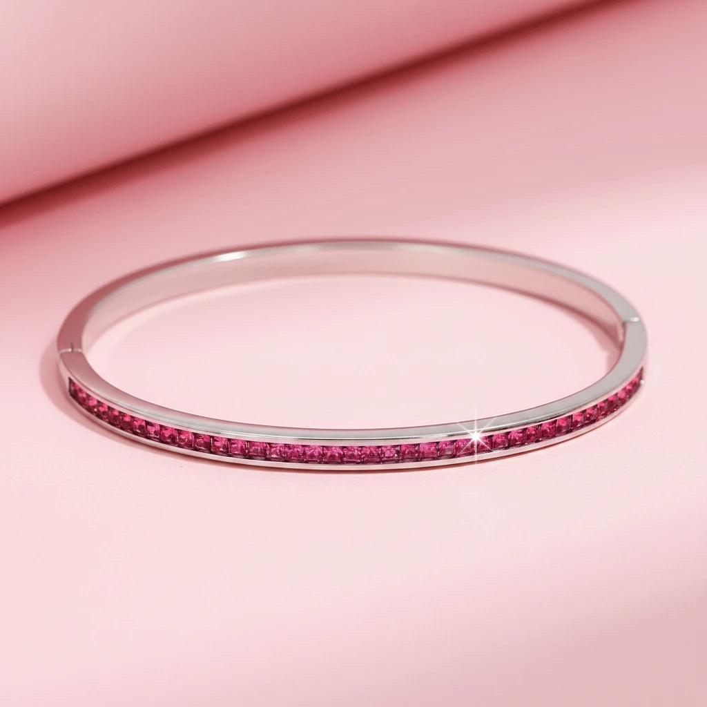 Rounded Square Colorful Zirconia Stainless Steel Bangle Bracelet