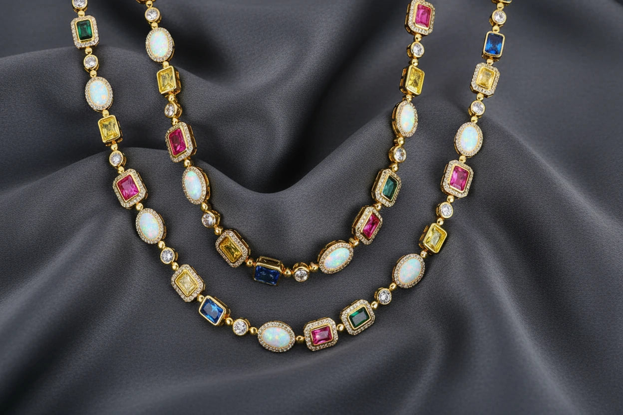 Colorful Gemstones Chain Necklace & Bracelet