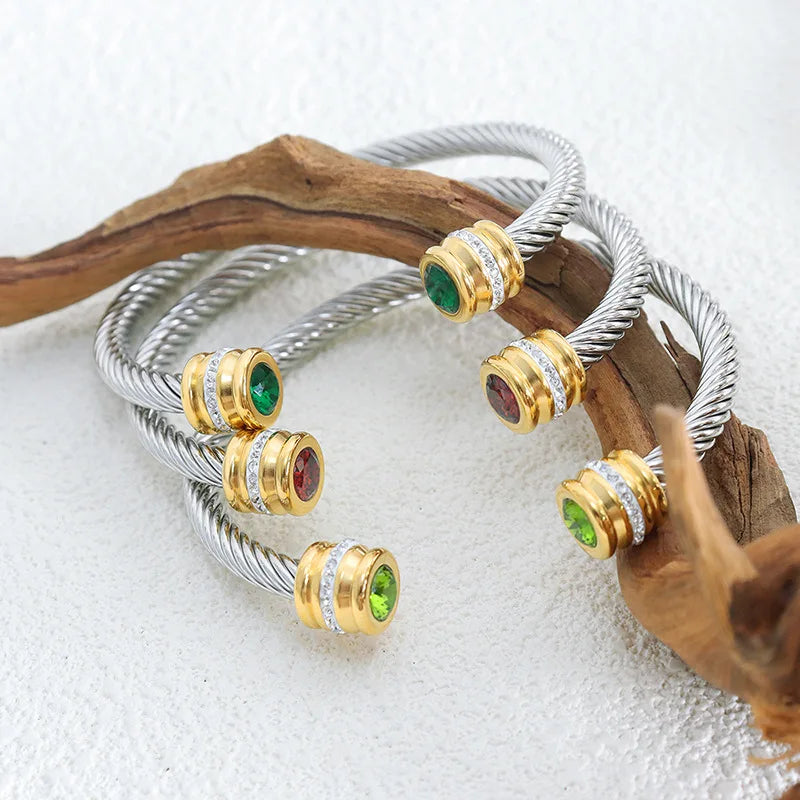 Stainless Steel Wire Bracelet w/Colorful Zirconia