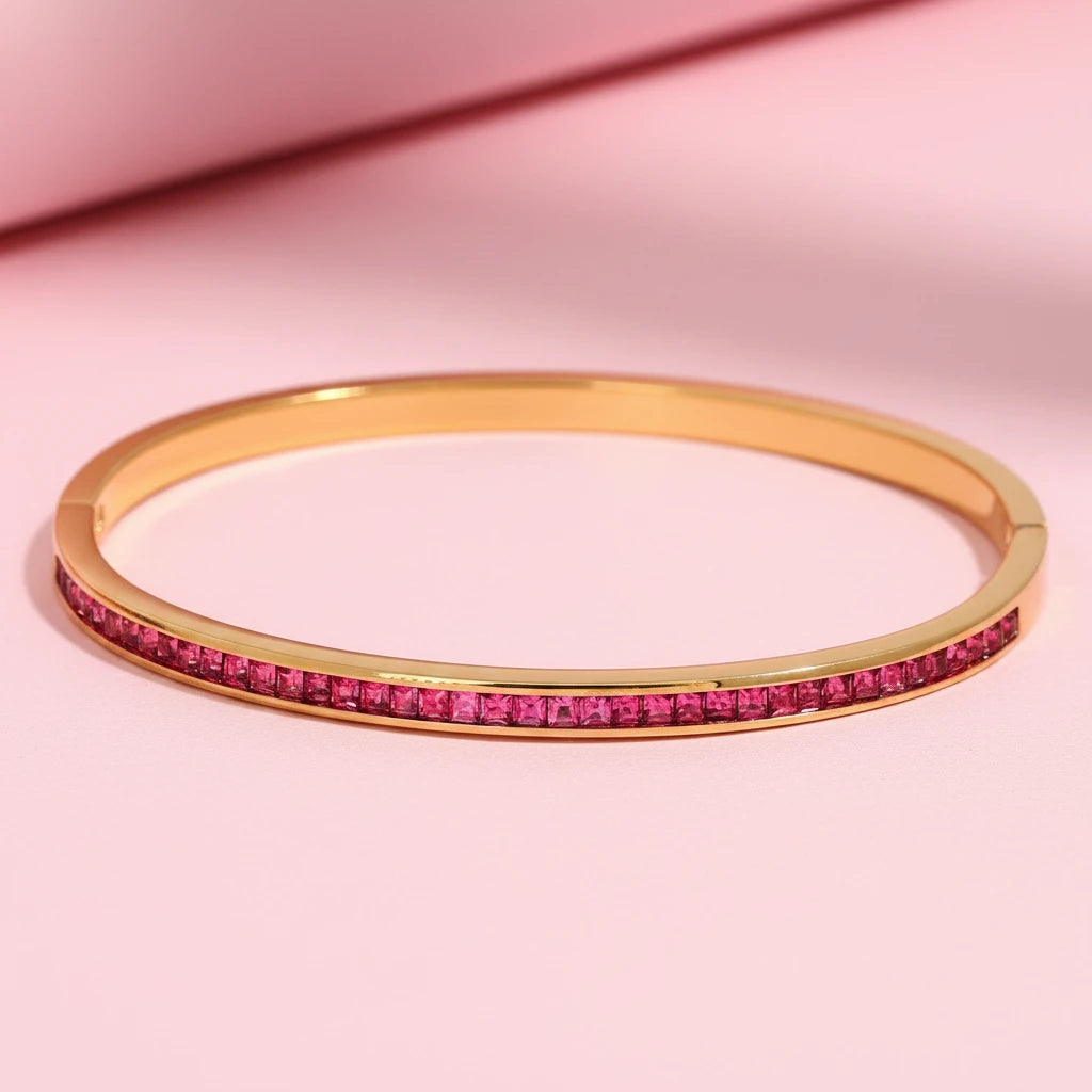 Rounded Square Colorful Zirconia Stainless Steel Bangle Bracelet