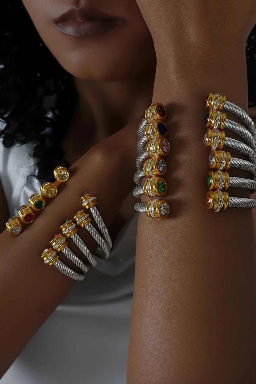 Stainless Steel Wire Bracelet w/Colorful Zirconia