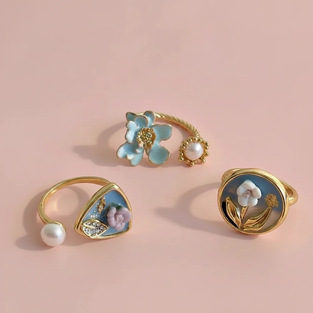 French Romance Oil Painting Pearl Enamel Ring