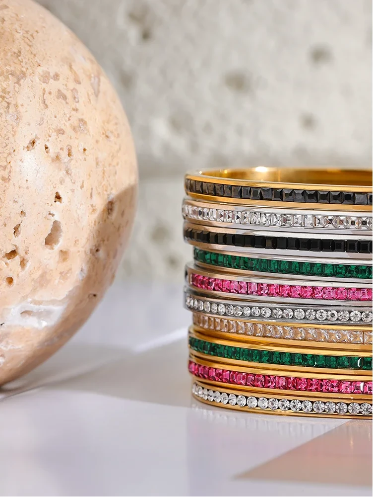 Rounded Square Colorful Zirconia Stainless Steel Bangle Bracelet