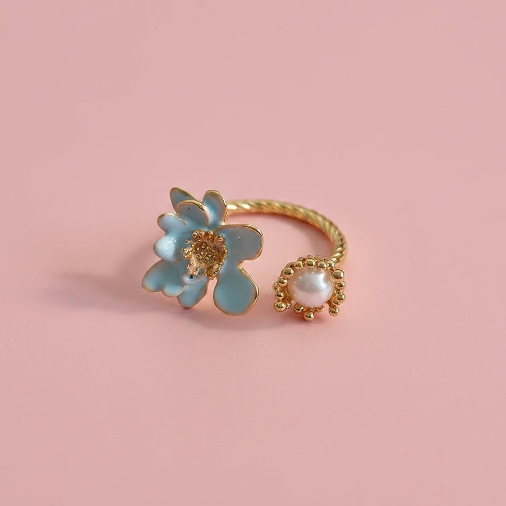 French Romance Oil Painting Pearl Enamel Ring