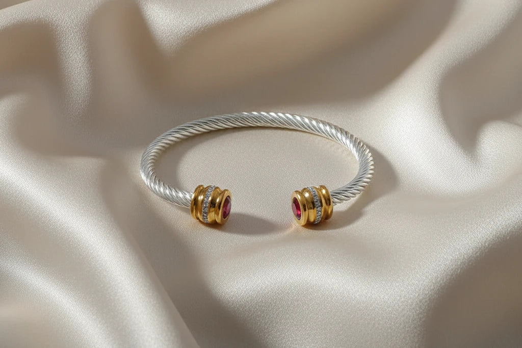 Stainless Steel Wire Bracelet w/Colorful Zirconia
