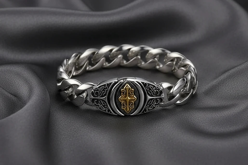 Cuban Link Filigree Cross Bracelet