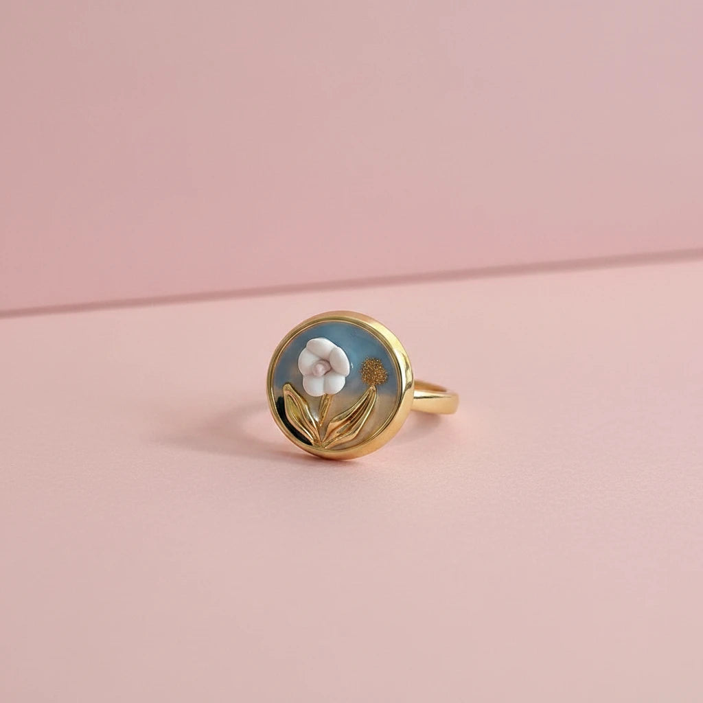 French Romance Oil Painting Pearl Enamel Ring