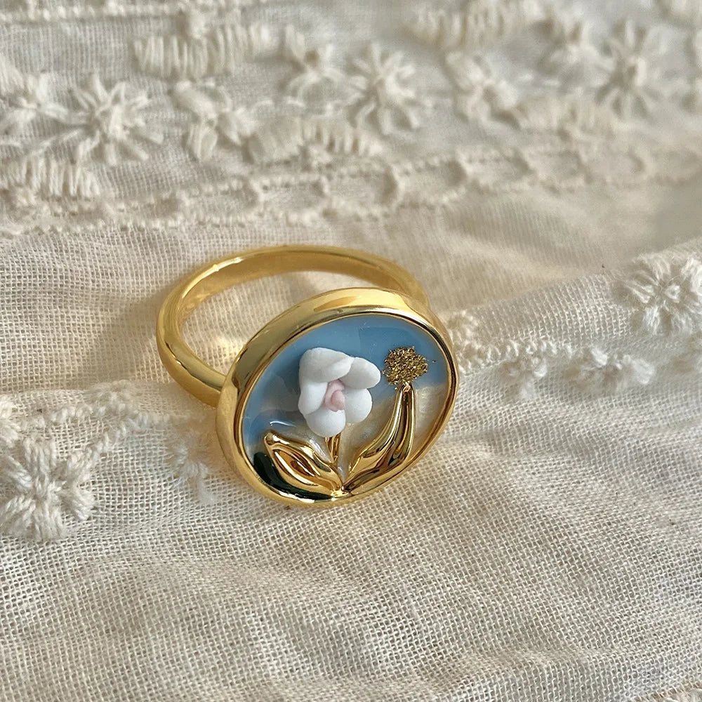 Baroque Pearl Enamel Flower Ring