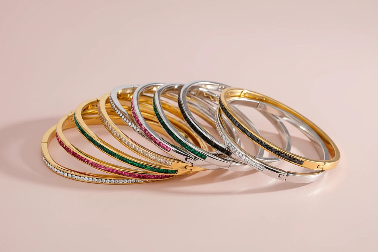 Rounded Square Colorful Zirconia Stainless Steel Bangle Bracelet