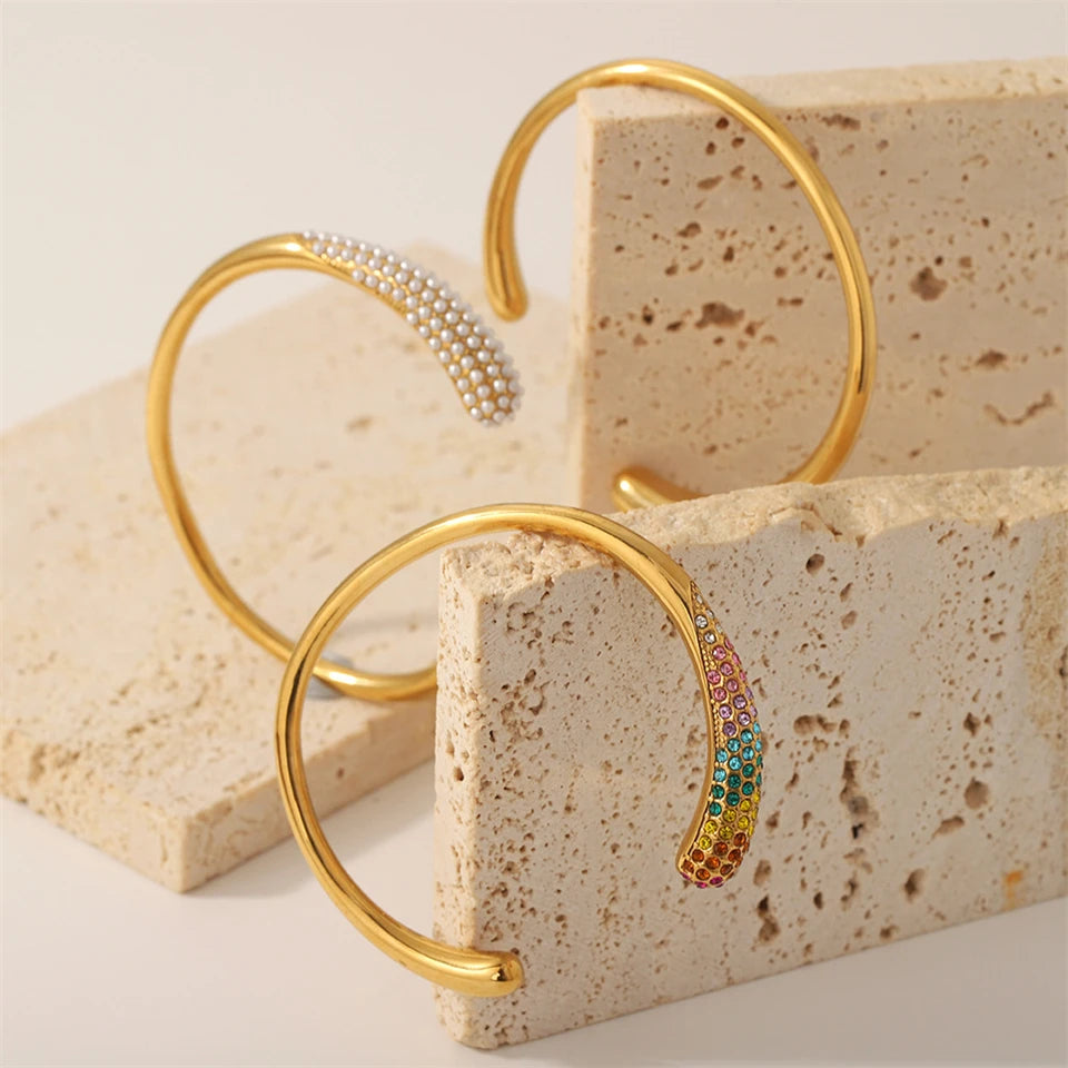 Inlaid Water Droplets Stainless Steel Open Bracelet