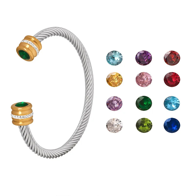 Stainless Steel Wire Bracelet w/Colorful Zirconia