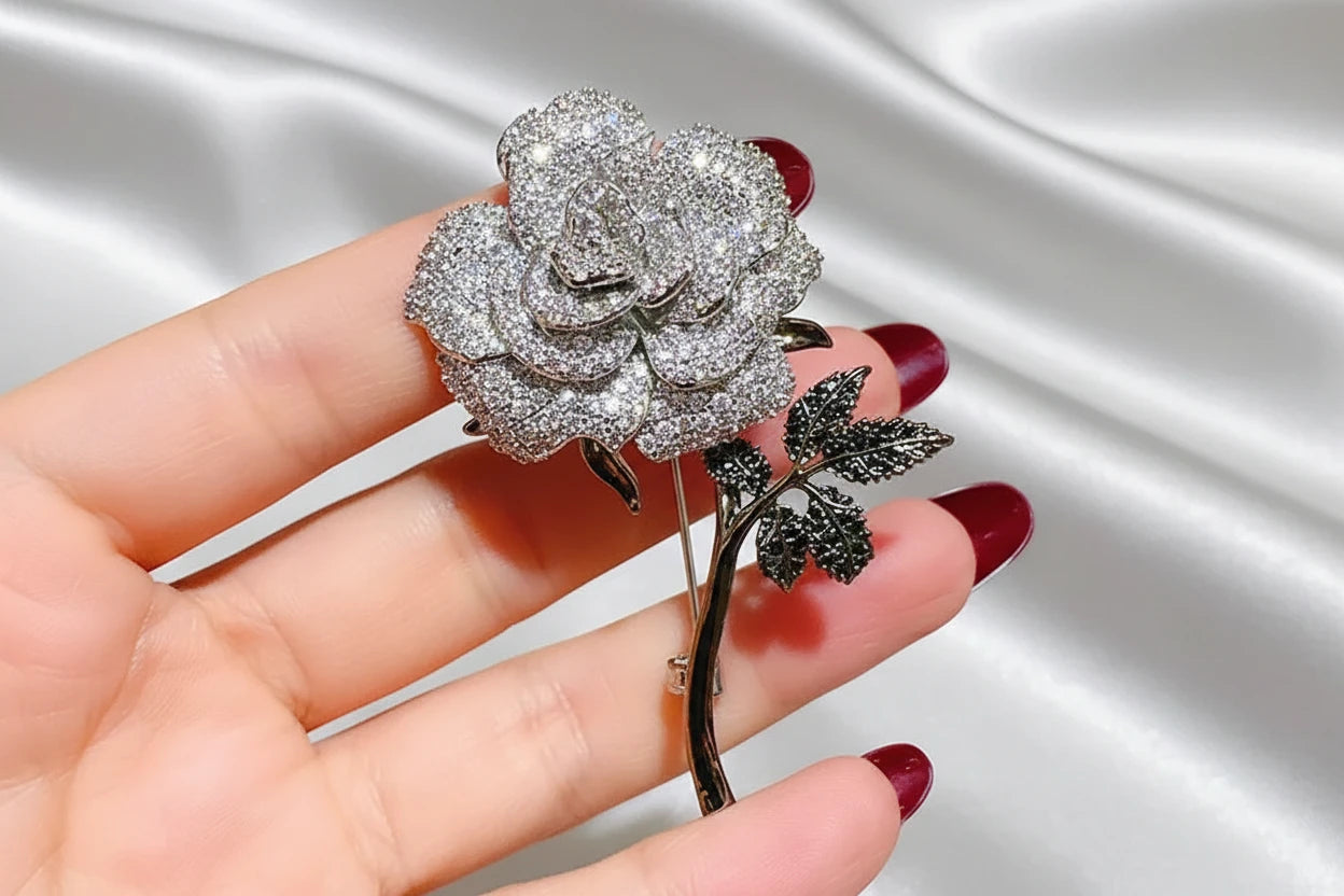 Rhinestone Rose Flower Brooch