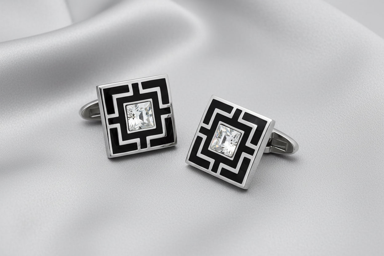 Art Deco Stainless Steel Cufflinks - Crystal Rhinestone - Just Bee